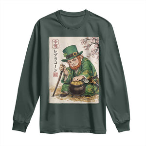 Vintage Japanese Leprechaun St Patricks Day Shamrock Ukiyo e Art Long Sleeve Shirt TS11 Dark Forest Green Print Your Wear