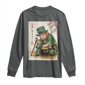 Vintage Japanese Leprechaun St Patricks Day Shamrock Ukiyo e Art Long Sleeve Shirt TS11 Dark Heather Print Your Wear