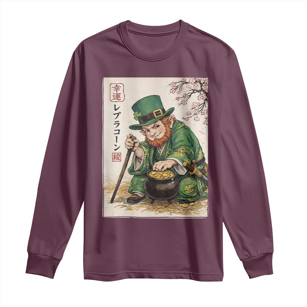 Vintage Japanese Leprechaun St Patricks Day Shamrock Ukiyo e Art Long Sleeve Shirt TS11 Maroon Print Your Wear