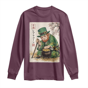 Vintage Japanese Leprechaun St Patricks Day Shamrock Ukiyo e Art Long Sleeve Shirt TS11 Maroon Print Your Wear