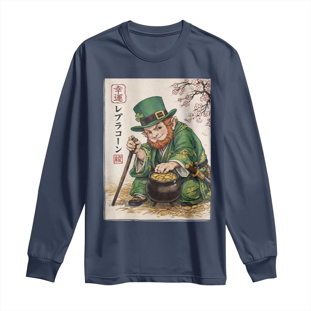 Vintage Japanese Leprechaun St Patricks Day Shamrock Ukiyo e Art Long Sleeve Shirt TS11 Navy Print Your Wear