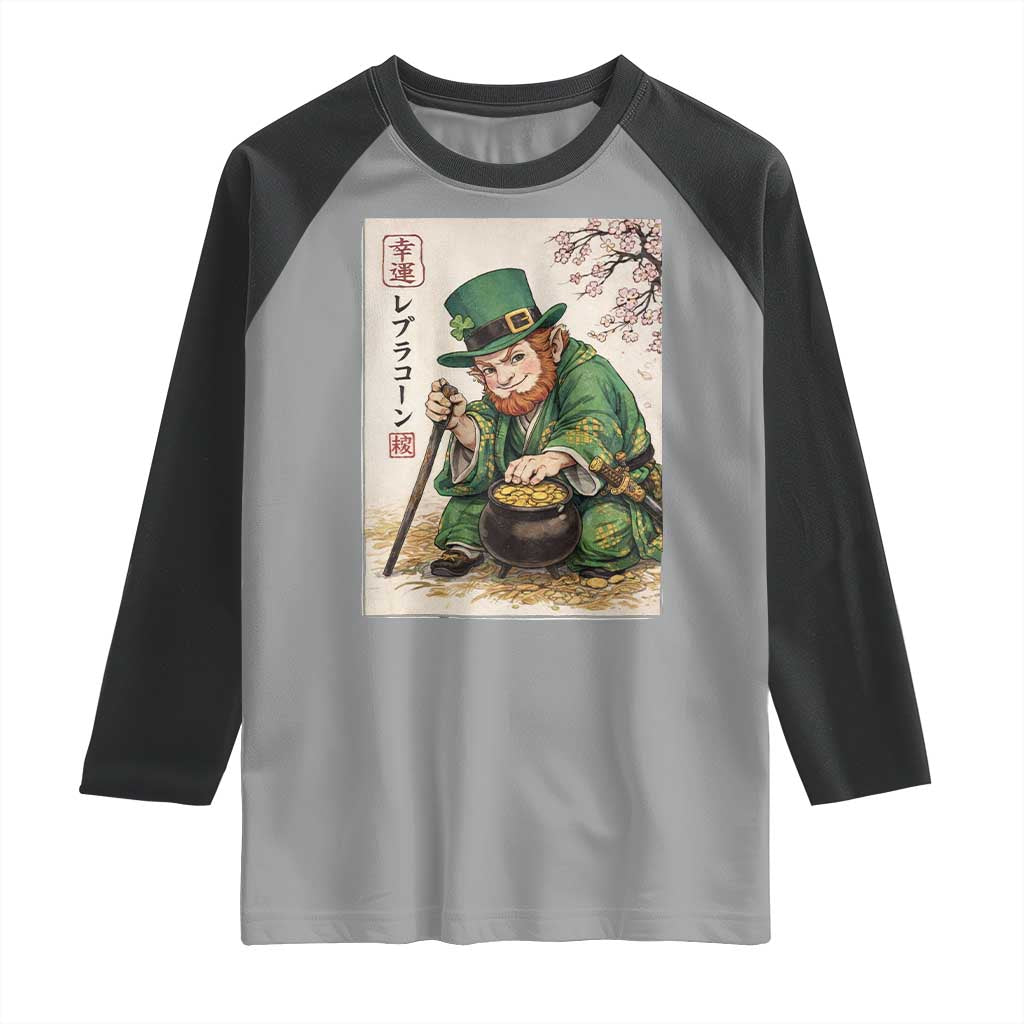 Vintage Japanese Leprechaun St Patricks Day Shamrock Ukiyo e Art Raglan Shirt TS11 Sport Gray Black Print Your Wear