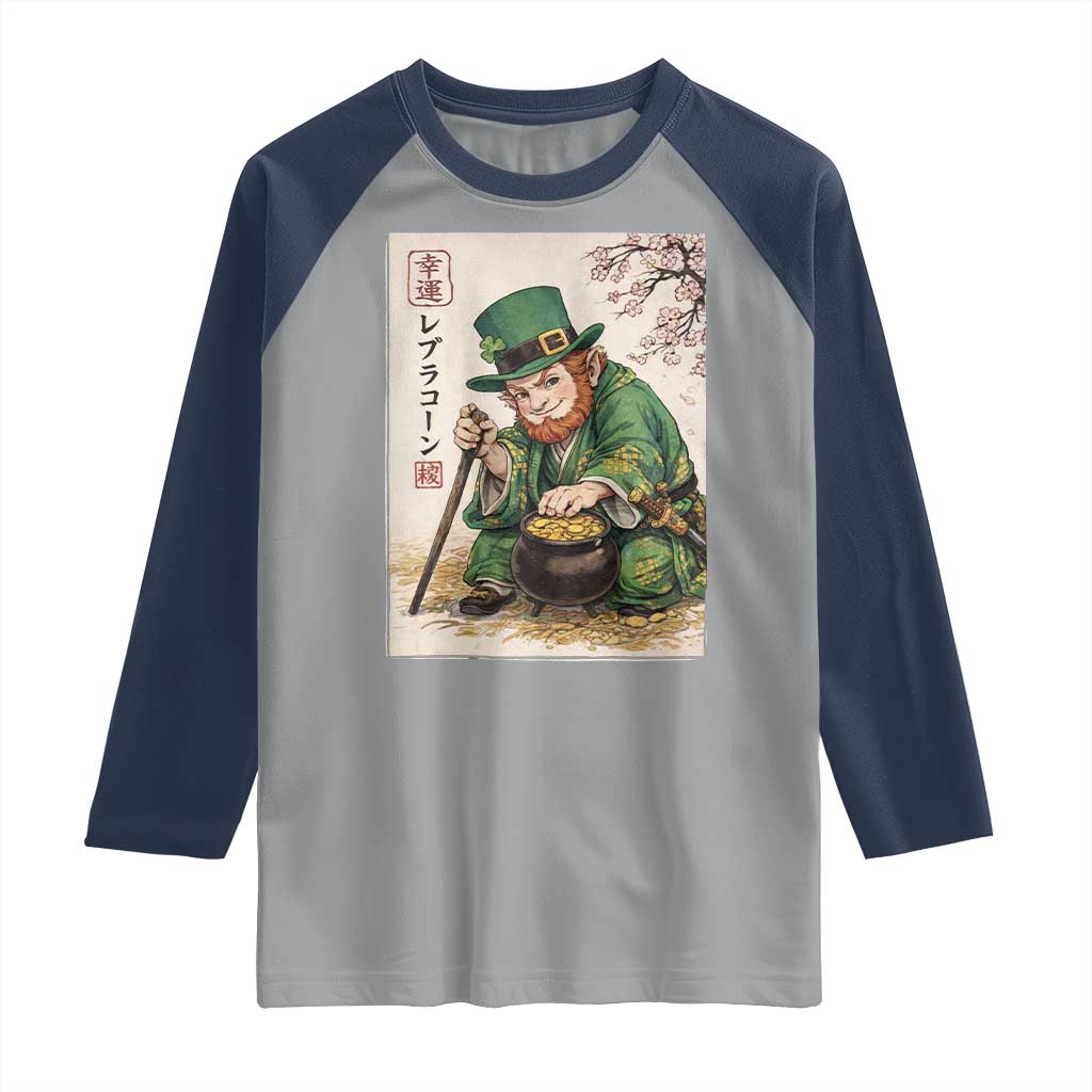 Vintage Japanese Leprechaun St Patricks Day Shamrock Ukiyo e Art Raglan Shirt TS11 Sport Gray Navy Print Your Wear