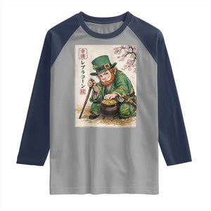 Vintage Japanese Leprechaun St Patricks Day Shamrock Ukiyo e Art Raglan Shirt TS11 Sport Gray Navy Print Your Wear