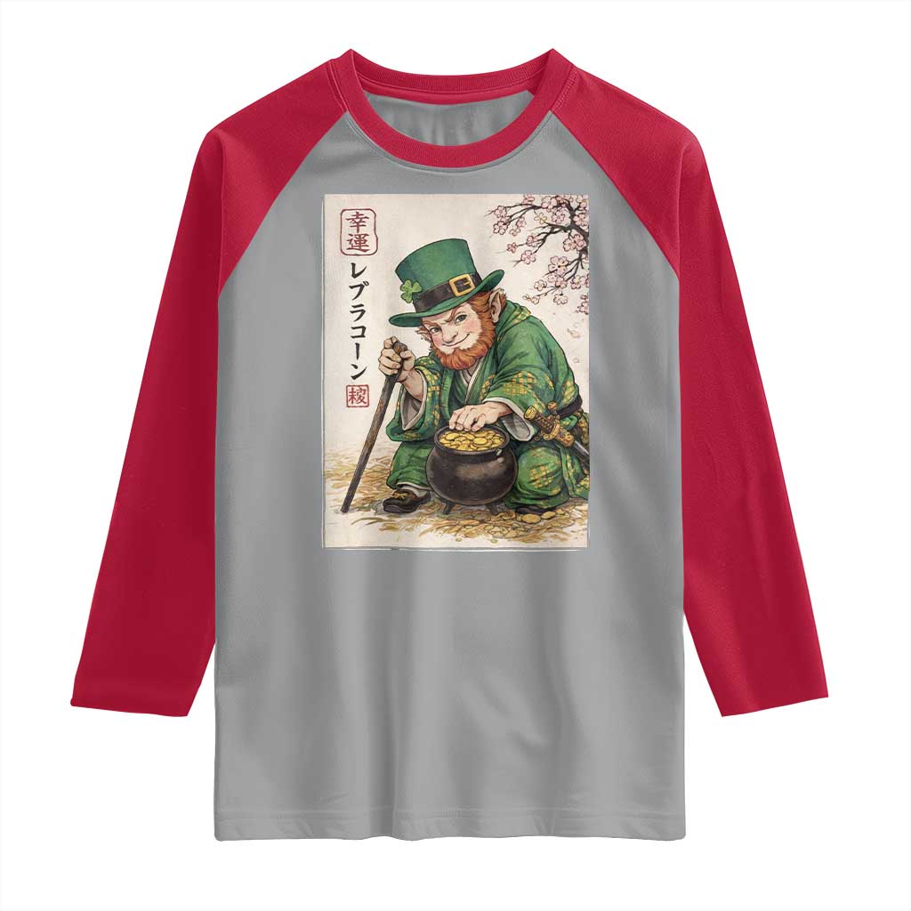 Vintage Japanese Leprechaun St Patricks Day Shamrock Ukiyo e Art Raglan Shirt TS11 Sport Gray Red Print Your Wear