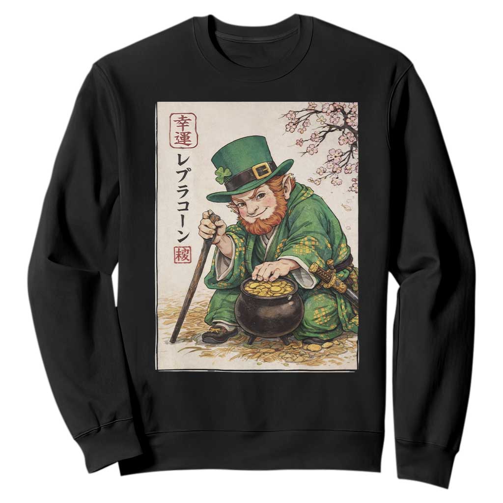 Vintage Japanese Leprechaun St Patricks Day Shamrock Ukiyo e Art Sweatshirt TS11 Black Print Your Wear