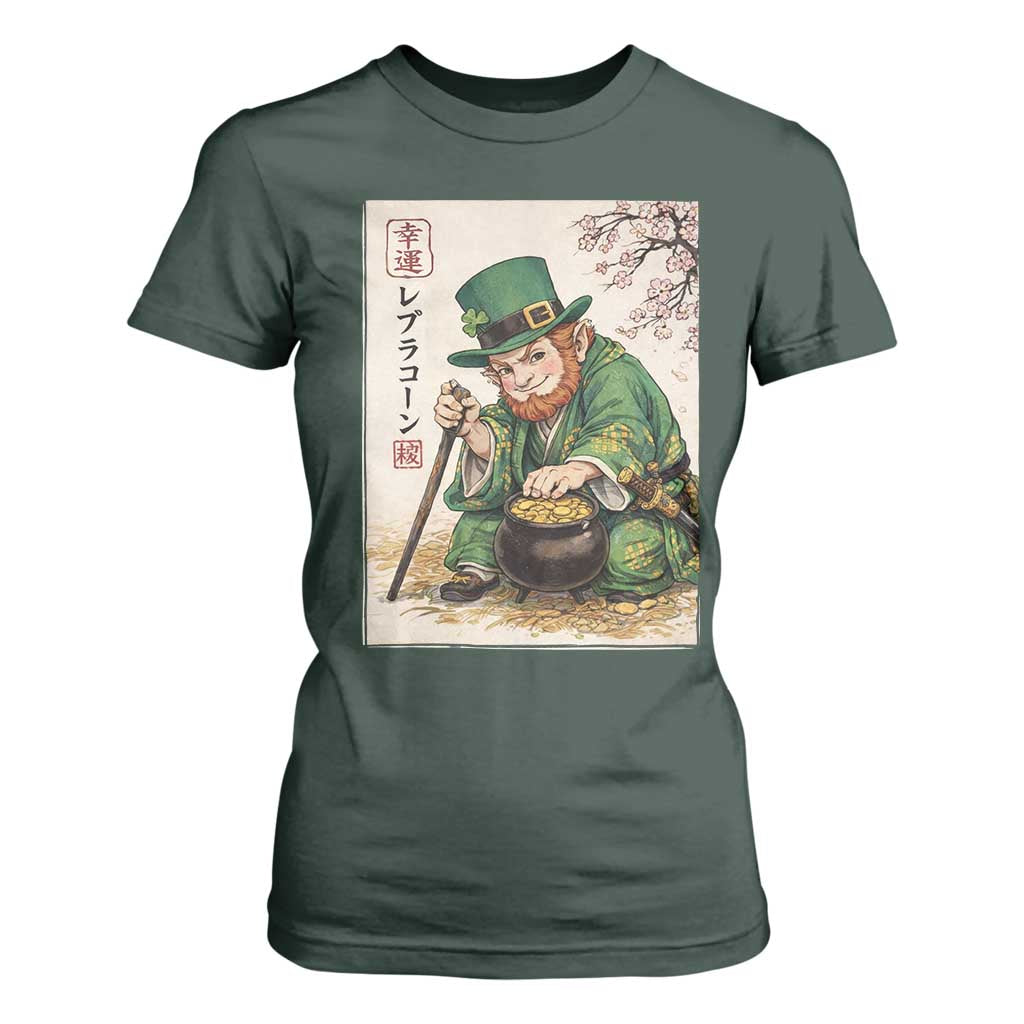 Vintage Japanese Leprechaun St Patricks Day Shamrock Ukiyo e Art T Shirt For Women TS11 Dark Forest Green Print Your Wear