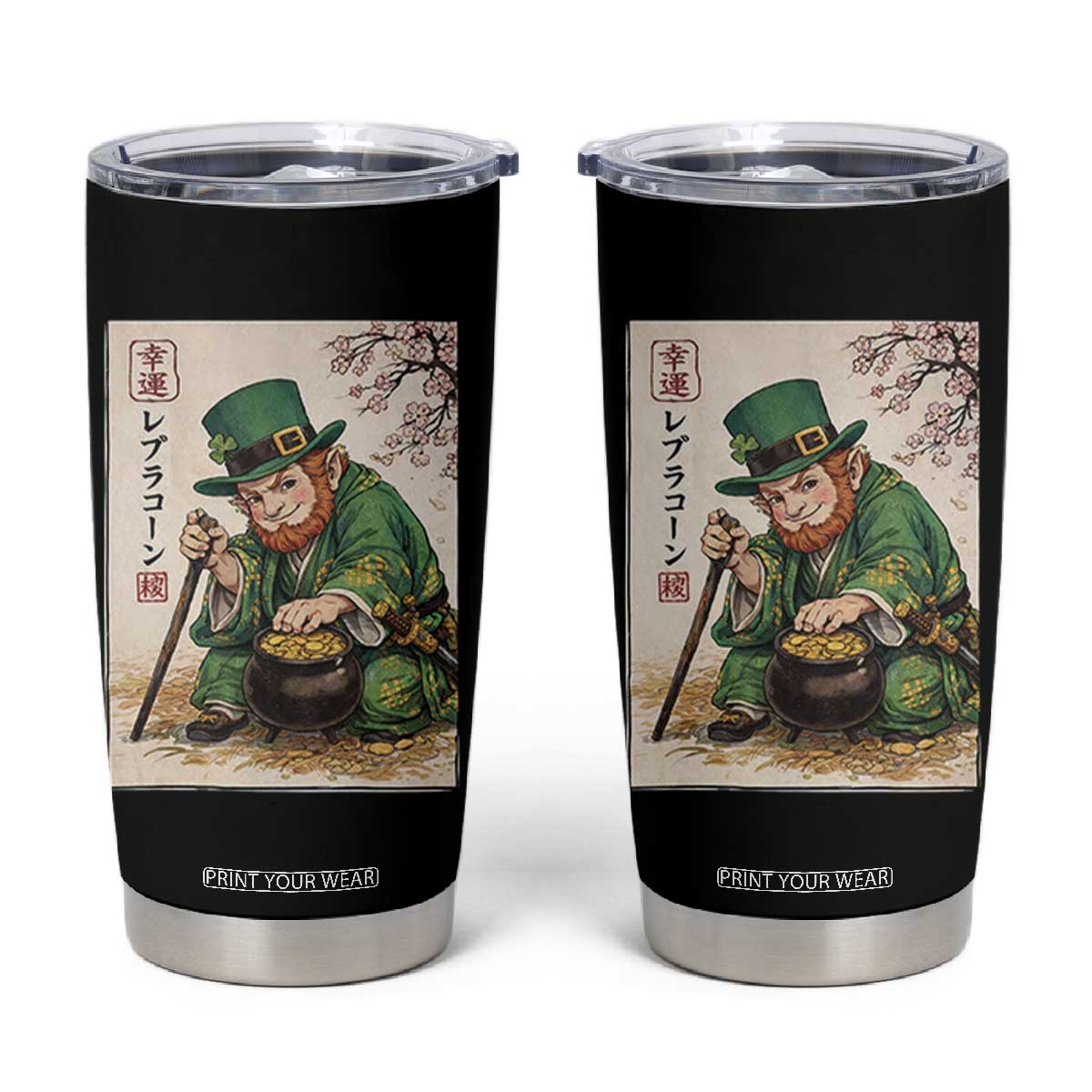 Vintage Japanese Leprechaun St Patricks Day Shamrock Ukiyo e Art Tumbler Cup TS11 Black Print Your Wear