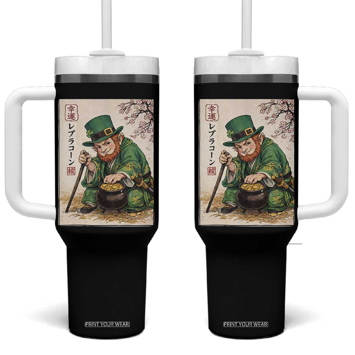 Vintage Japanese Leprechaun St Patricks Day Shamrock Ukiyo e Art Tumbler With Handle TS11 One Size: 40 oz Black Print Your Wear