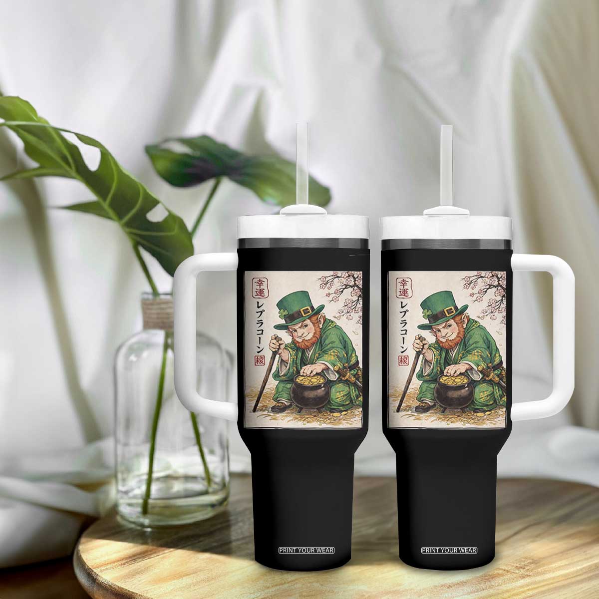 Vintage Japanese Leprechaun St Patricks Day Shamrock Ukiyo e Art Tumbler With Handle TS11 Print Your Wear