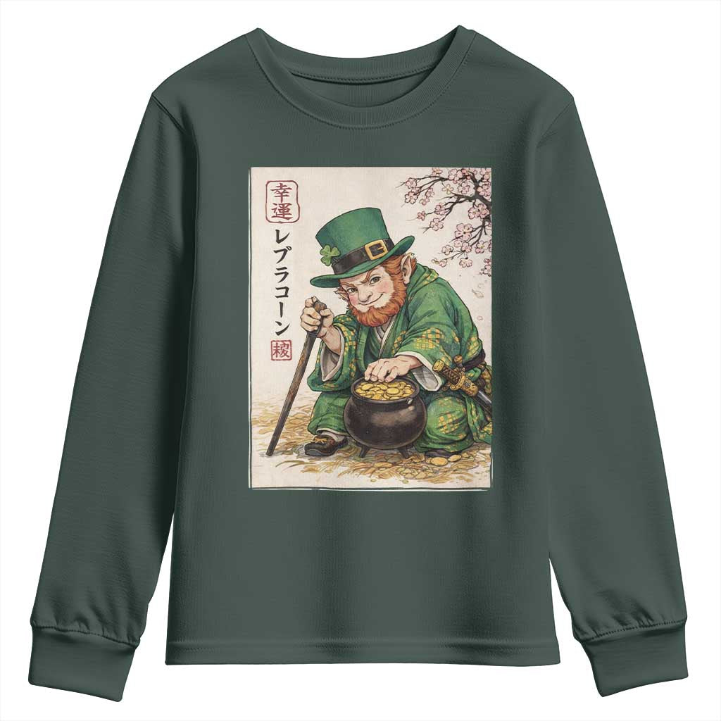 Vintage Japanese Leprechaun St Patricks Day Shamrock Ukiyo e Art Youth Sweatshirt TS11 Dark Forest Green Print Your Wear