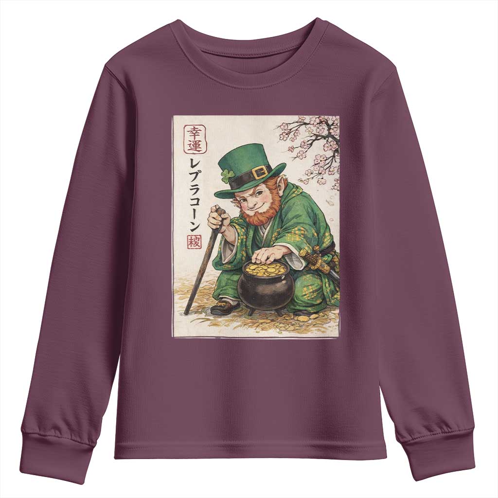 Vintage Japanese Leprechaun St Patricks Day Shamrock Ukiyo e Art Youth Sweatshirt TS11 Maroon Print Your Wear
