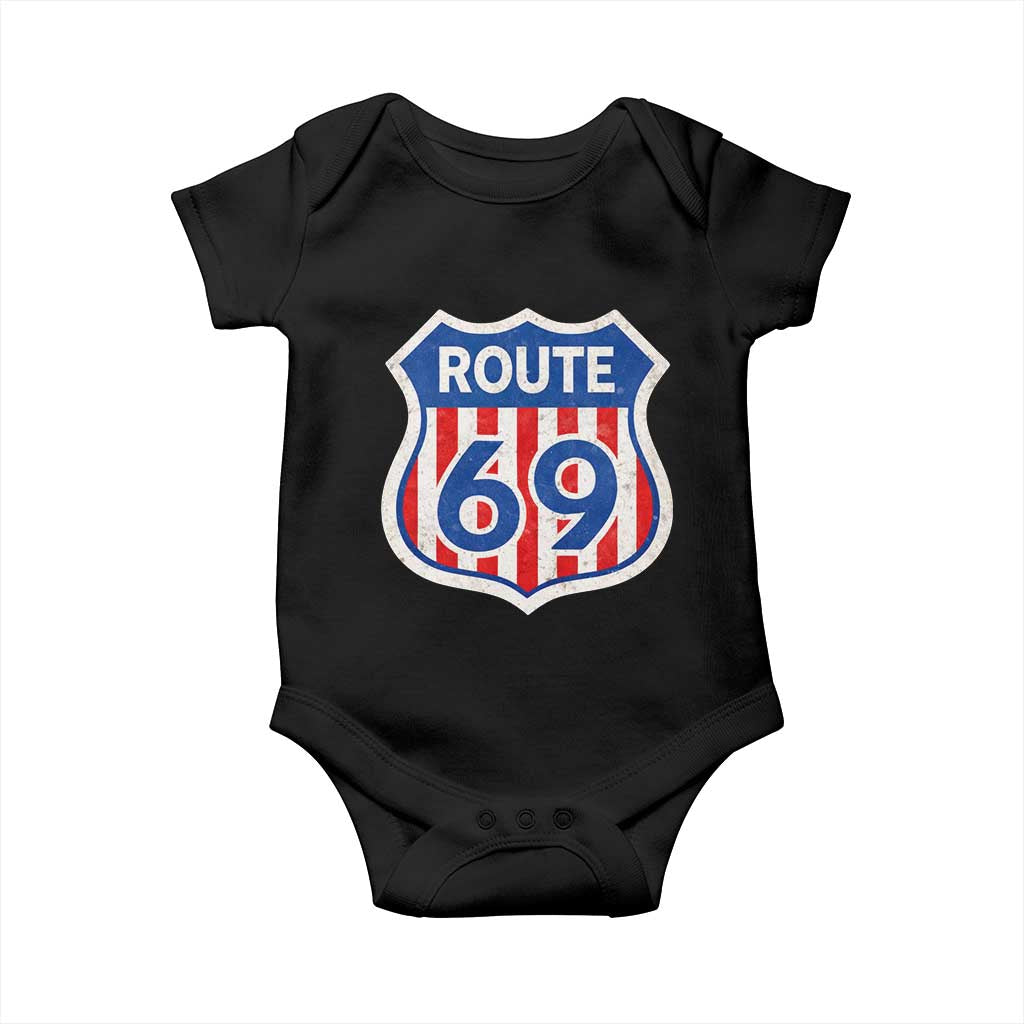 Vintage Route 69 Highway Road Trip Sign Distressed American Flag Baby Onesie TS11 Black Print Your Wear