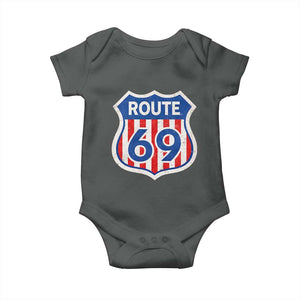 Vintage Route 69 Highway Road Trip Sign Distressed American Flag Baby Onesie TS11 Dark Heather Print Your Wear