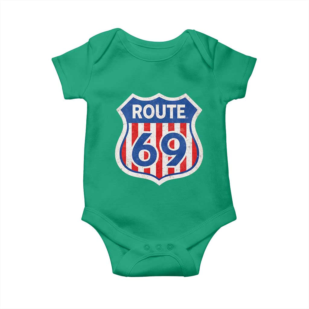 Vintage Route 69 Highway Road Trip Sign Distressed American Flag Baby Onesie TS11 Irish Green Print Your Wear