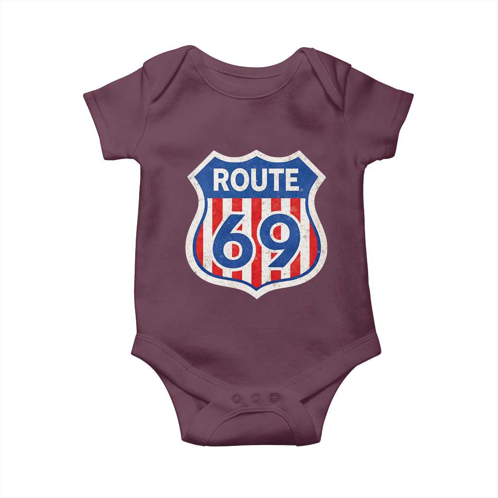 Vintage Route 69 Highway Road Trip Sign Distressed American Flag Baby Onesie TS11 Maroon Print Your Wear