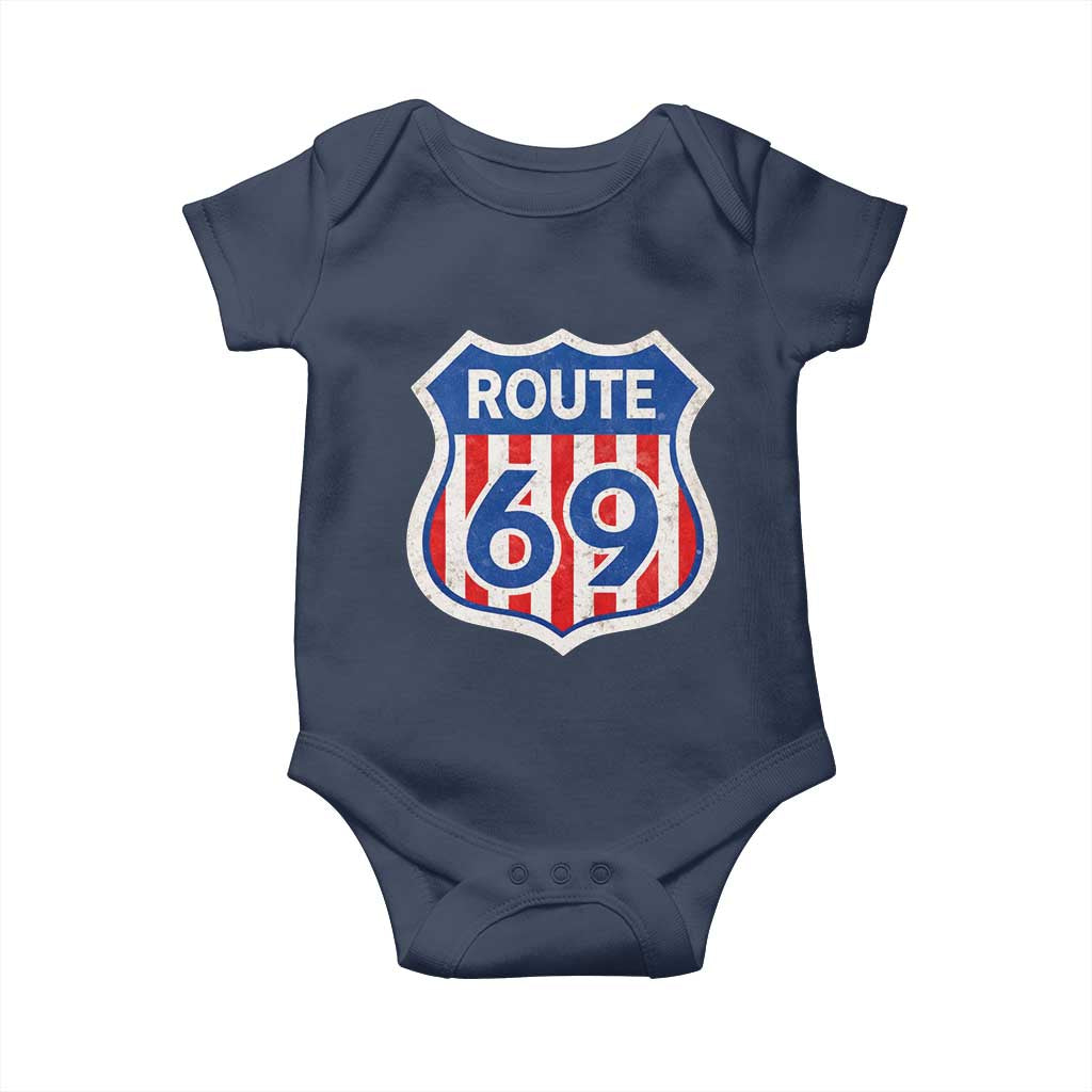 Vintage Route 69 Highway Road Trip Sign Distressed American Flag Baby Onesie TS11 Navy Print Your Wear