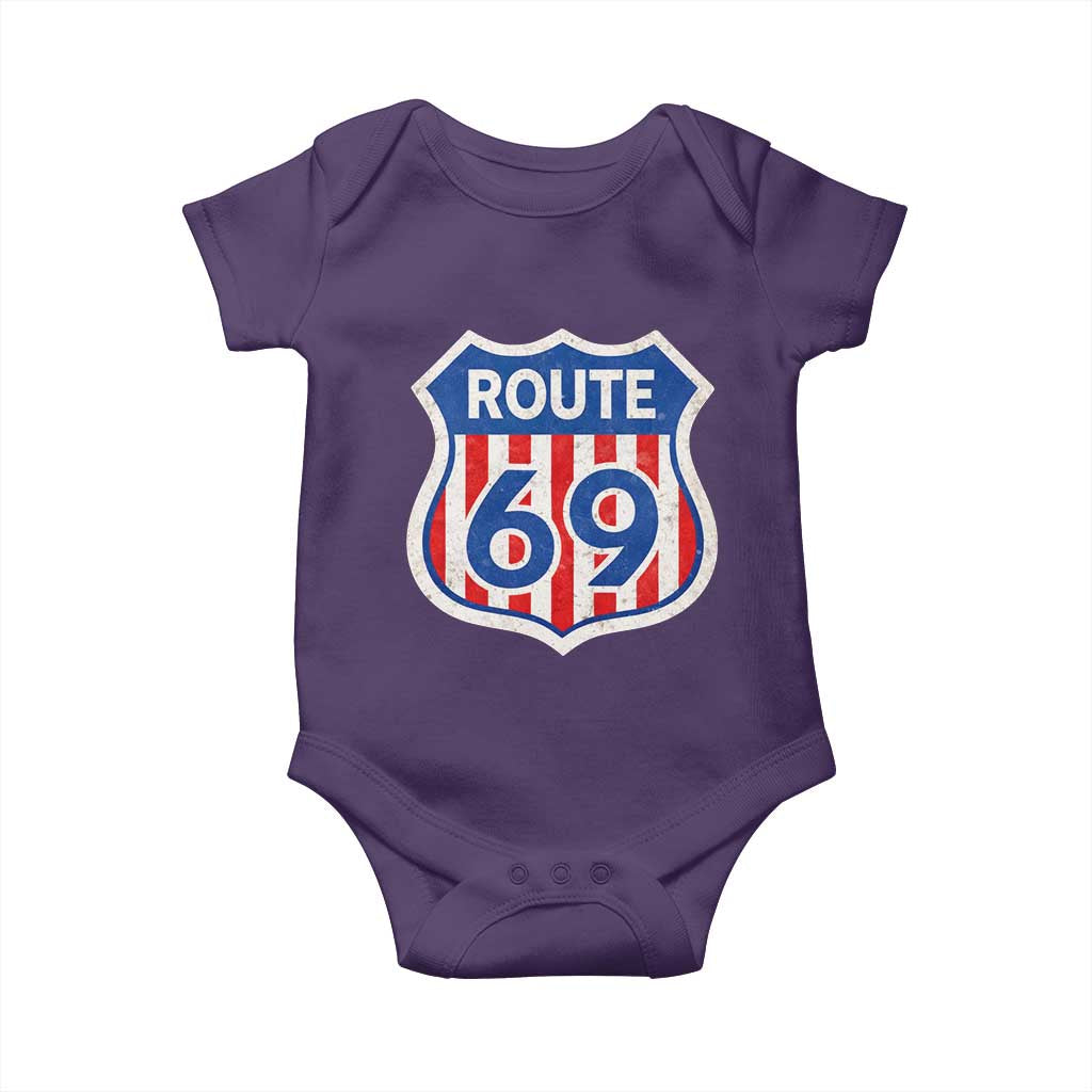 Vintage Route 69 Highway Road Trip Sign Distressed American Flag Baby Onesie TS11 Purple Print Your Wear
