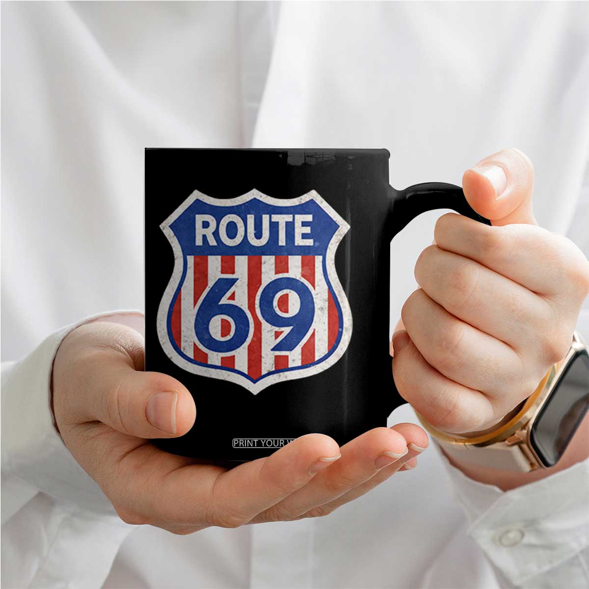 Vintage Route 69 Highway Road Trip Sign Distressed American Flag Coffee Mug TS11 Print Your Wear