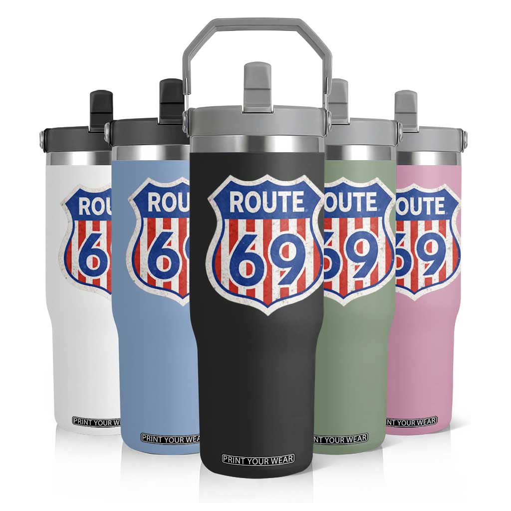 Vintage Route 69 Highway Road Trip Sign Distressed American Flag Flip Straw Tumbler TS11 Print Your Wear