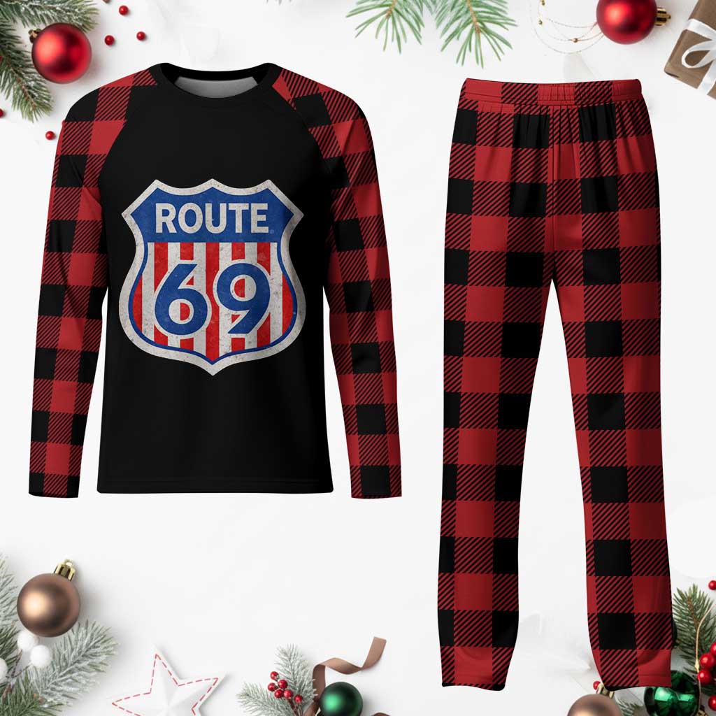 Vintage Route 69 Highway Road Trip Sign Distressed American Flag Plaid Pajama Set TS11 Buffalo Plaid Print Your Wear