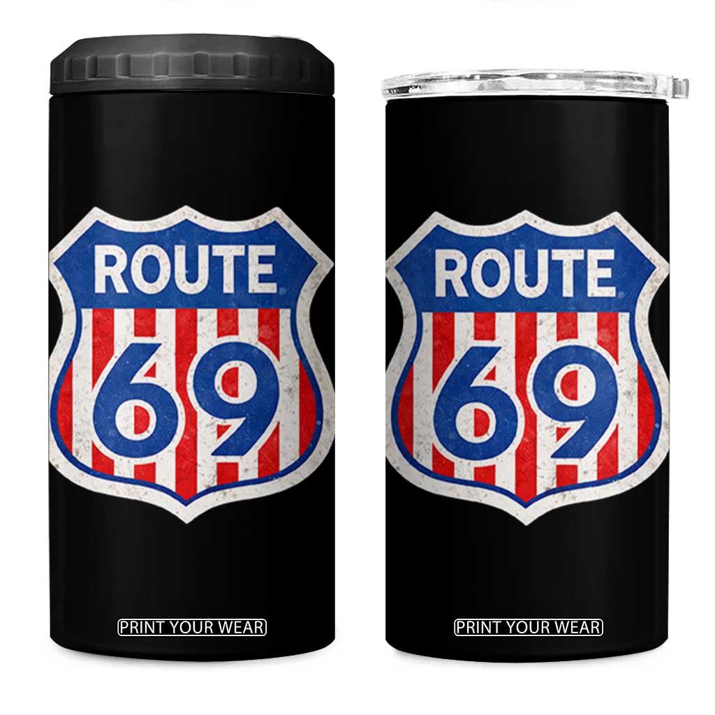 Vintage Route 69 Highway Road Trip Sign Distressed American Flag 4 in 1 Can Cooler Tumbler TS11 One Size: 16 oz Black Print Your Wear