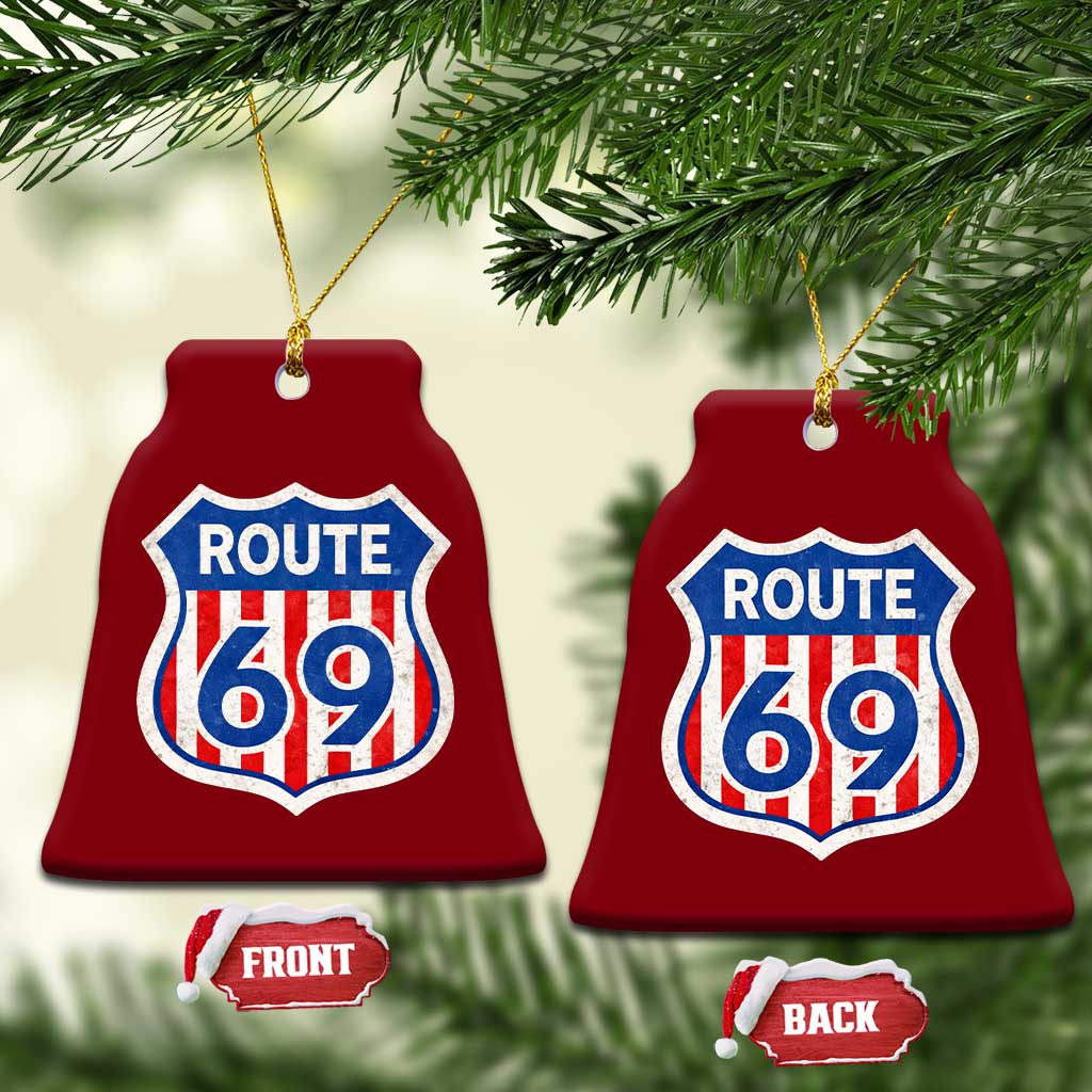 Vintage Route 69 Highway Road Trip Sign Distressed American Flag Ceramic Ornament TS11 Print Your Wear