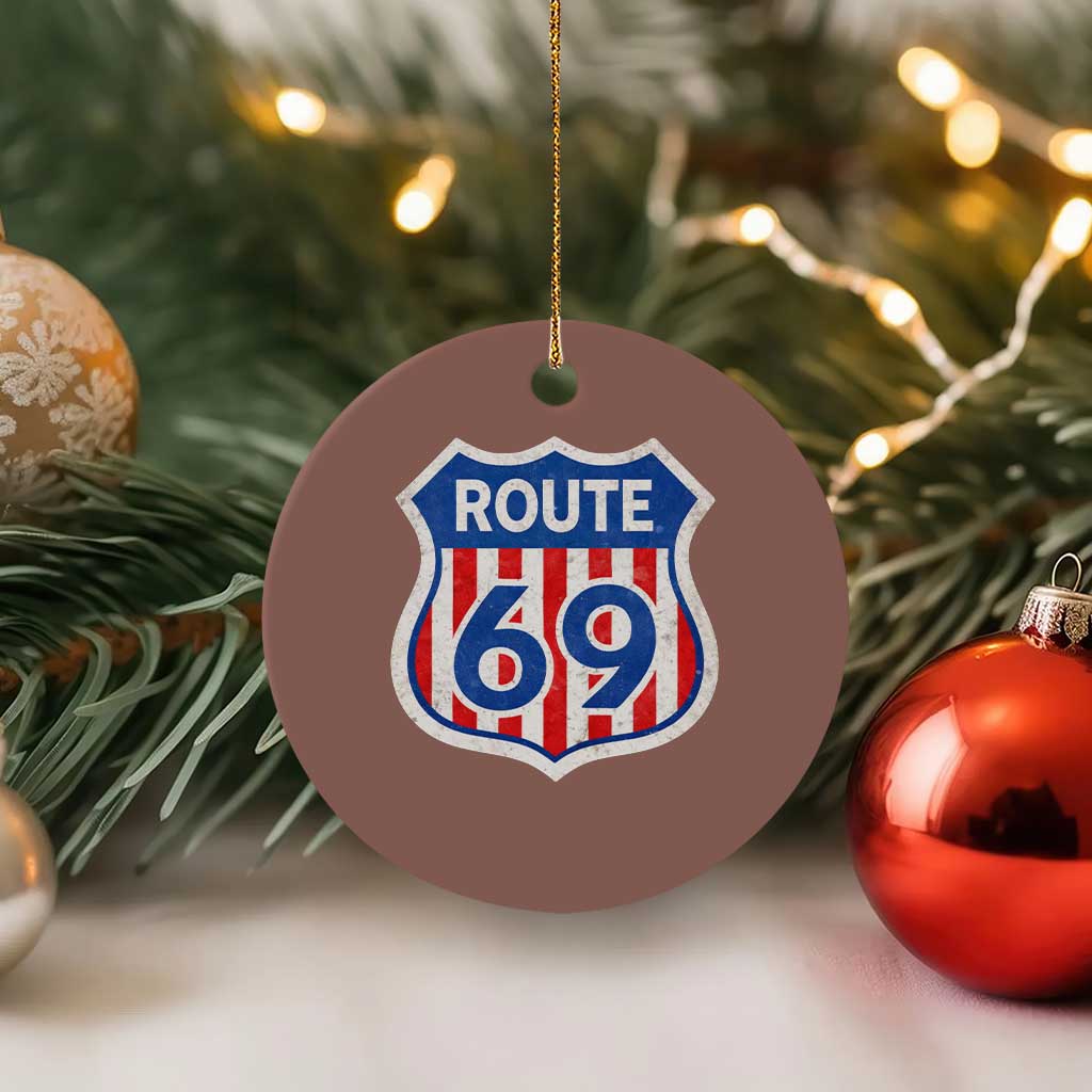 Vintage Route 69 Highway Road Trip Sign Distressed American Flag Ceramic Ornament TS11 1pc Mocha Print Your Wear