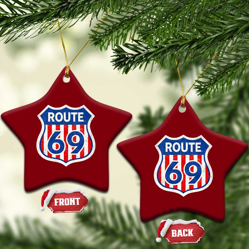 Vintage Route 69 Highway Road Trip Sign Distressed American Flag Ceramic Ornament TS11 Print Your Wear