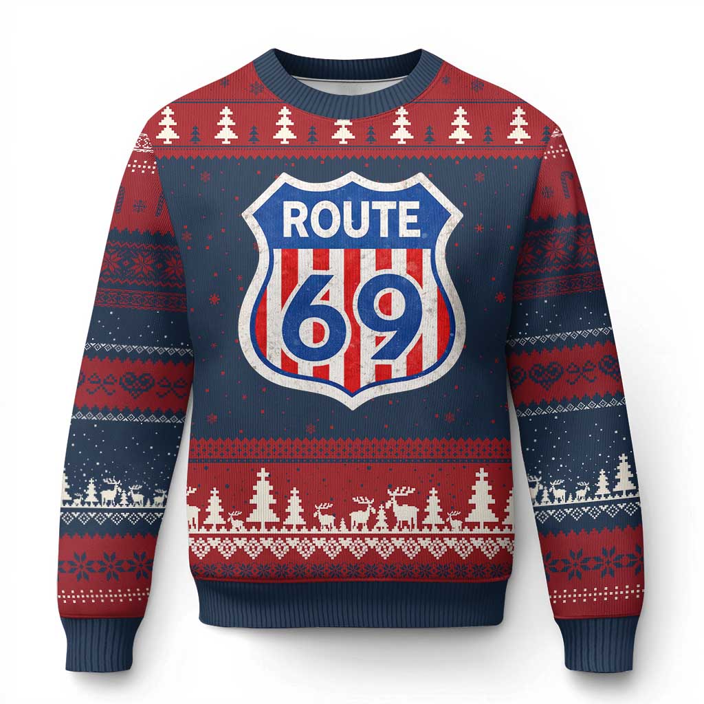 Vintage Route 69 Highway Road Trip Sign Distressed American Flag Ugly Christmas Sweater TS11 Navy Red Print Your Wear