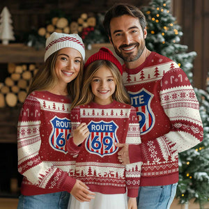 Vintage Route 69 Highway Road Trip Sign Distressed American Flag Ugly Christmas Sweater TS11 Red Beige Print Your Wear