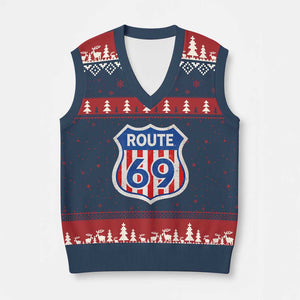 Vintage Route 69 Highway Road Trip Sign Distressed American Flag V-Neck Knit Sweater Vest TS11 Navy Red Print Your Wear