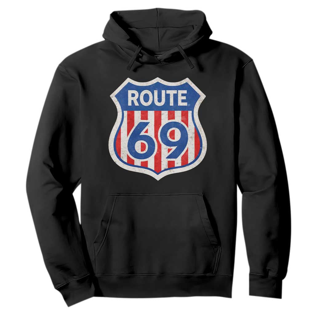Vintage Route 69 Highway Road Trip Sign Distressed American Flag Hoodie TS11 Black Print Your Wear