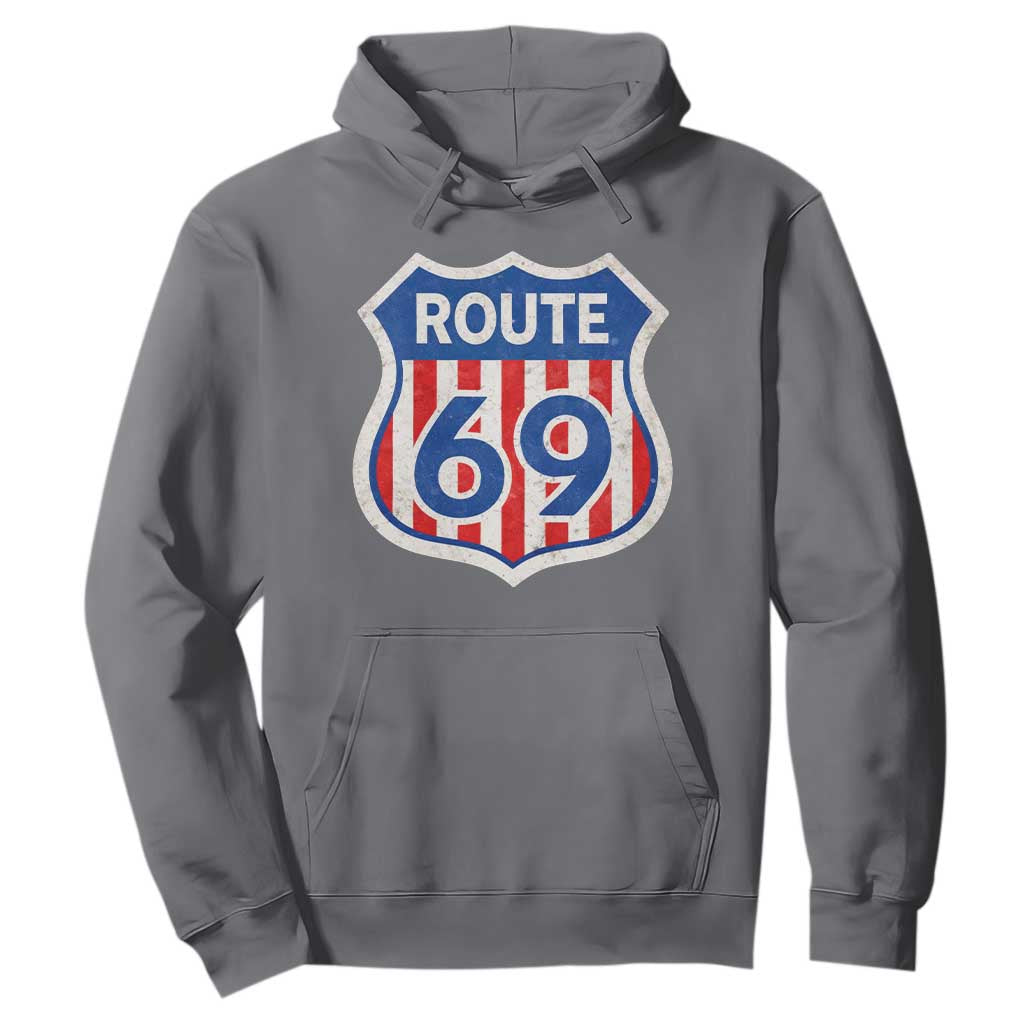 Vintage Route 69 Highway Road Trip Sign Distressed American Flag Hoodie TS11 Charcoal Print Your Wear