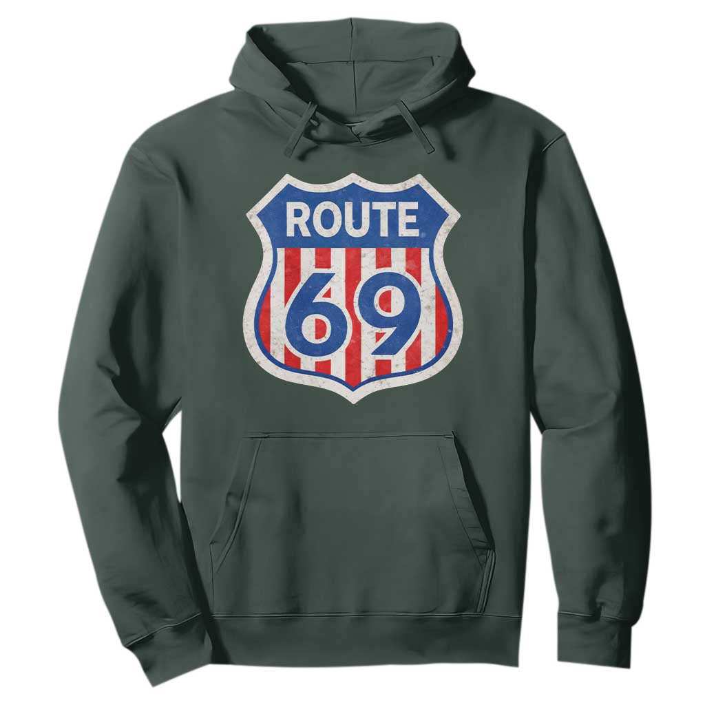 Vintage Route 69 Highway Road Trip Sign Distressed American Flag Hoodie TS11 Dark Forest Green Print Your Wear