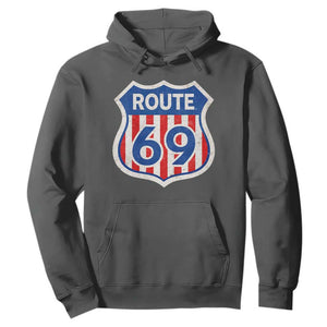 Vintage Route 69 Highway Road Trip Sign Distressed American Flag Hoodie TS11 Dark Heather Print Your Wear