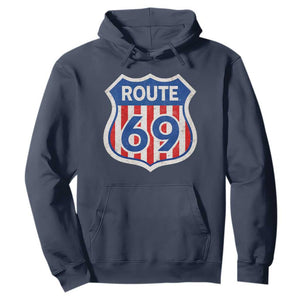 Vintage Route 69 Highway Road Trip Sign Distressed American Flag Hoodie TS11 Navy Print Your Wear