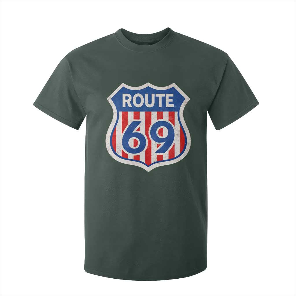 Vintage Route 69 Highway Road Trip Sign Distressed American Flag T Shirt For Kid TS11 Dark Forest Green Print Your Wear