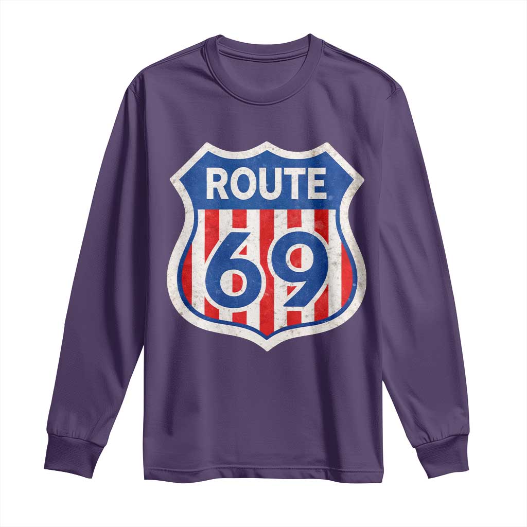 Vintage Route 69 Highway Road Trip Sign Distressed American Flag Long Sleeve Shirt TS11 Purple Print Your Wear