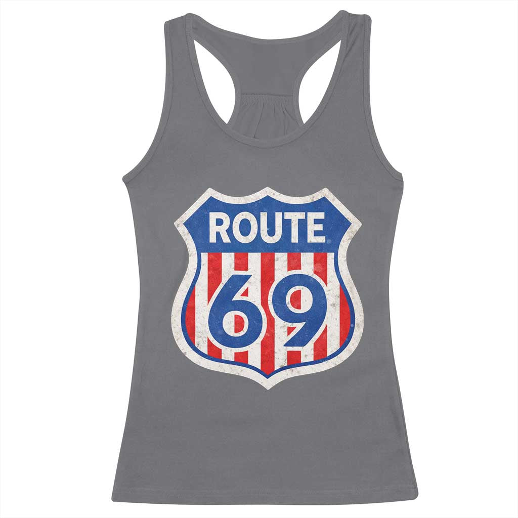 Vintage Route 69 Highway Road Trip Sign Distressed American Flag Racerback Tank Top TS11 Charcoal Print Your Wear