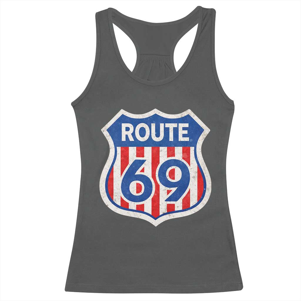 Vintage Route 69 Highway Road Trip Sign Distressed American Flag Racerback Tank Top TS11 Dark Heather Print Your Wear