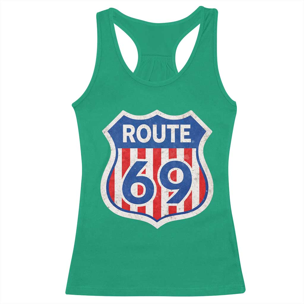 Vintage Route 69 Highway Road Trip Sign Distressed American Flag Racerback Tank Top TS11 Irish Green Print Your Wear
