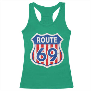 Vintage Route 69 Highway Road Trip Sign Distressed American Flag Racerback Tank Top TS11 Irish Green Print Your Wear