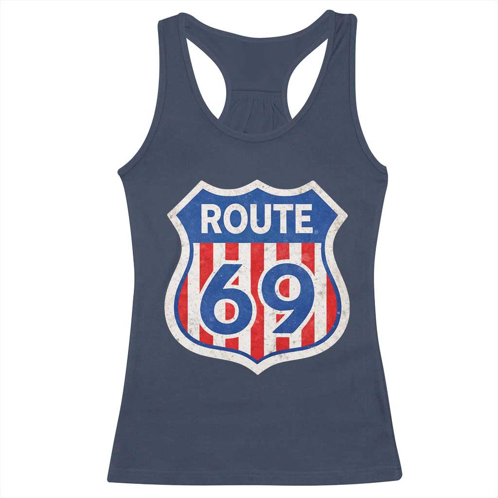 Vintage Route 69 Highway Road Trip Sign Distressed American Flag Racerback Tank Top TS11 Navy Print Your Wear