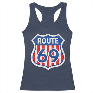Vintage Route 69 Highway Road Trip Sign Distressed American Flag Racerback Tank Top TS11 Navy Print Your Wear