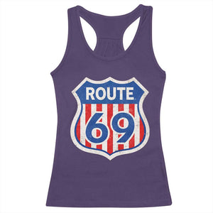 Vintage Route 69 Highway Road Trip Sign Distressed American Flag Racerback Tank Top TS11 Purple Print Your Wear