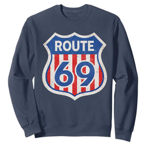 Vintage Route 69 Highway Road Trip Sign Distressed American Flag Sweatshirt TS11 Navy Print Your Wear