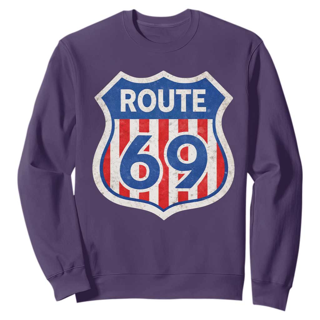 Vintage Route 69 Highway Road Trip Sign Distressed American Flag Sweatshirt TS11 Purple Print Your Wear
