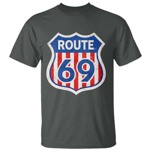 Vintage Route 69 Highway Road Trip Sign Distressed American Flag T Shirt TS11 Dark Heather Print Your Wear