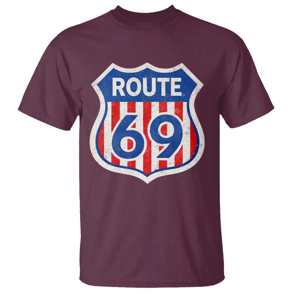 Vintage Route 69 Highway Road Trip Sign Distressed American Flag T Shirt TS11 Maroon Print Your Wear